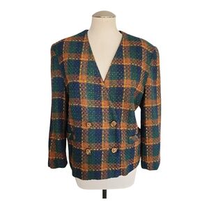 VTG Tan Jay Oui Petites Plaid Wool Blend Blazer Size 8 Made in USA
